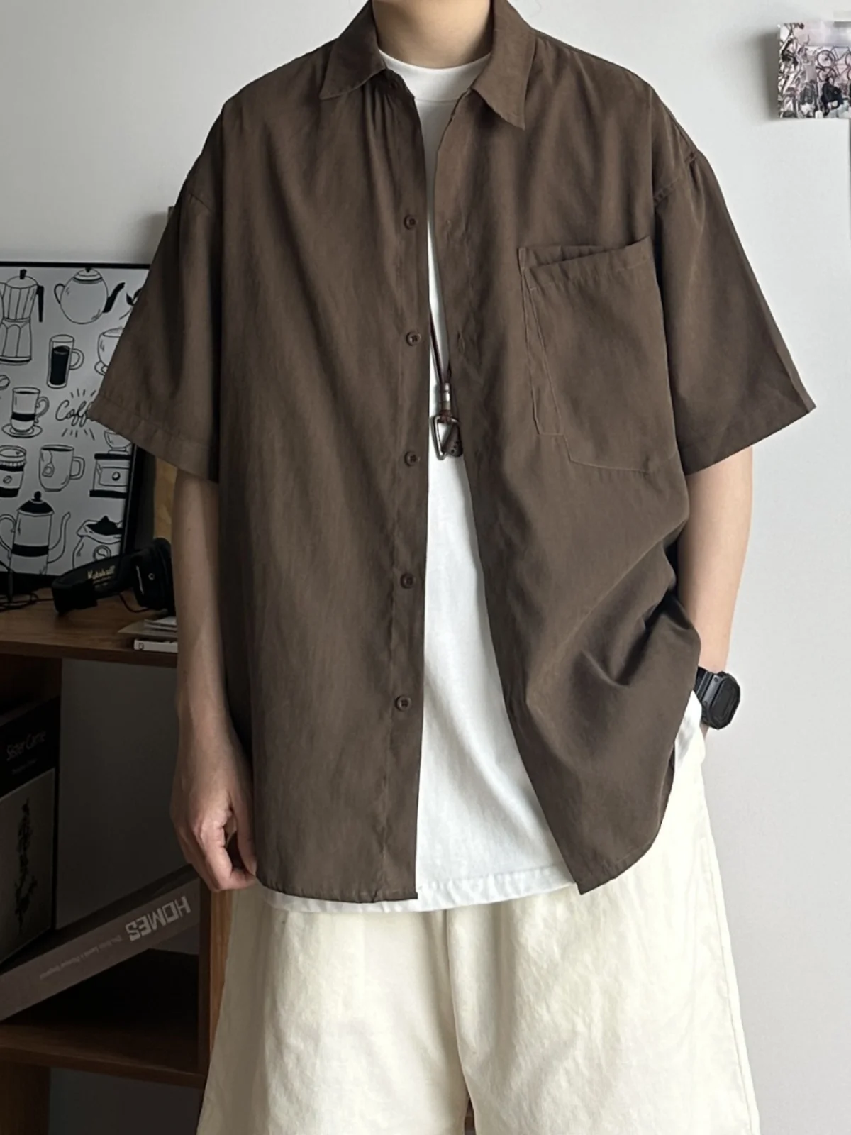 

Japanese Style Men's Casual Shirt Summer Basic Commuting Short Sleeve Patchwork Pocket Pure Color Loose Fit Daily Wear