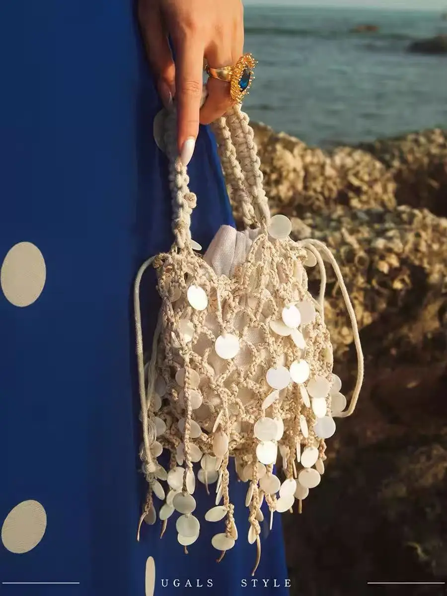 Shell Case Beading Tassel Woven Handmade Women Handbag Fashion Hollow Out Knitted Clutch Purse Holiday Vacation Travel Bag