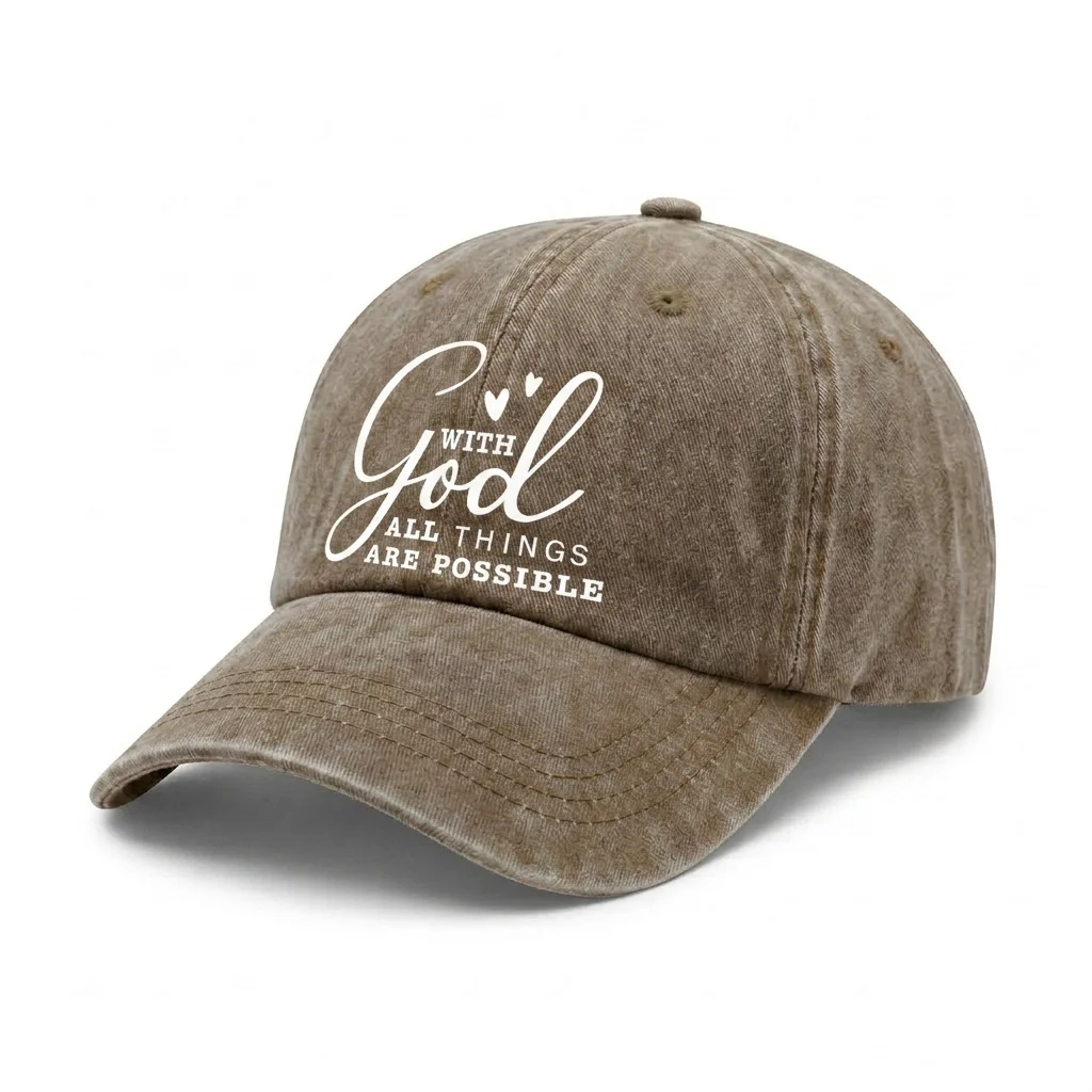 Vintage Washed With God All Things Are Possible Quote Baseball Cap, Adjustable Unisex Dad Hat, Christian Faith Gift
