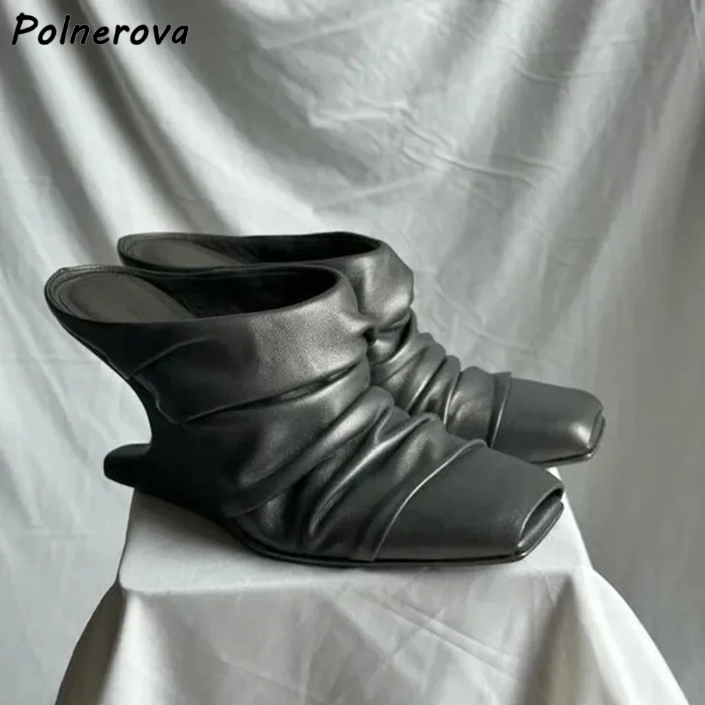 

Black Gray Pleated Slipper Strange Style Heels Slip On Square Toe Cool Leather Fashion Shoes Summer Concise Women's Shoes