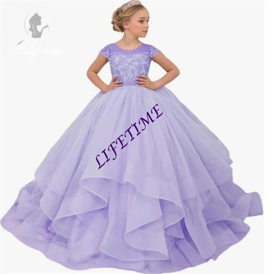 

Индивидуальное платье для девочек с кружевной аппликацией и тюлем, короткие рукава, нарядное платье принцессы для конкурсов, вечеринок, свадеб