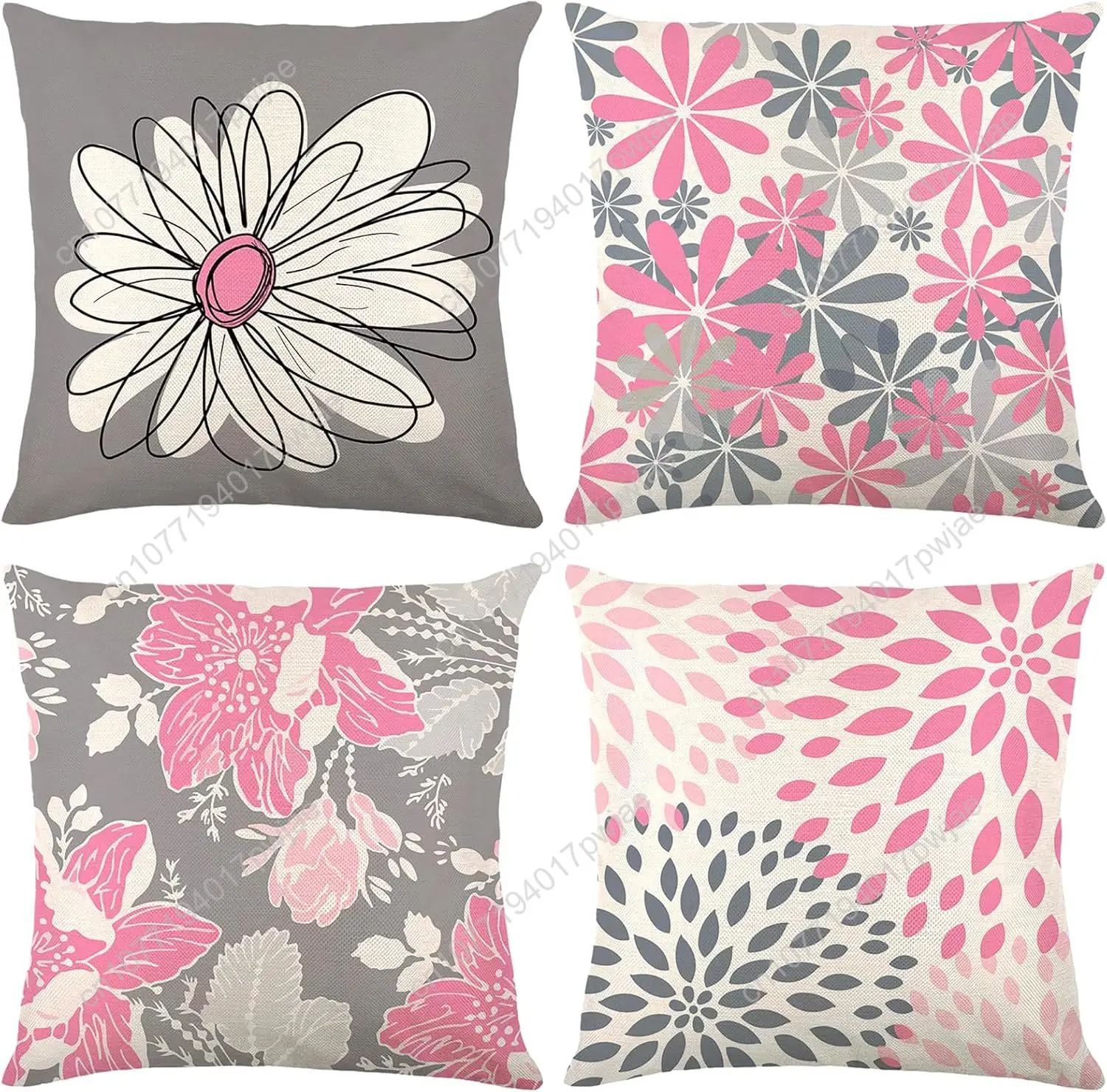 Baidast Pink Decorative Throw Pillow Covers 18x18 Set of 4, Pink and Gray Modern Daisy Floral Pillows Linen Pillow Covers for Co