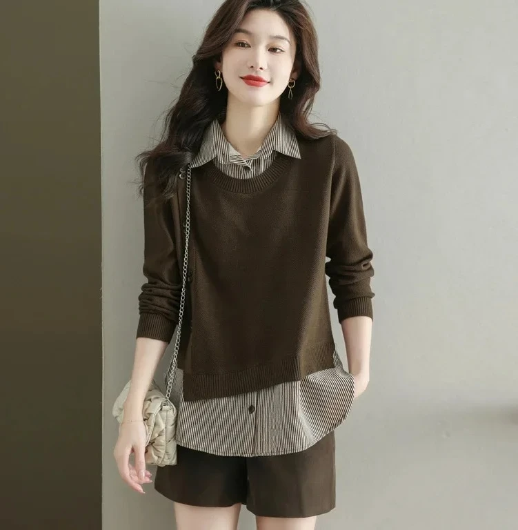 루즈핏 여성 셔츠 스트라이프 니트 탑 한국 스타일 봄 가을 겨울 신상품