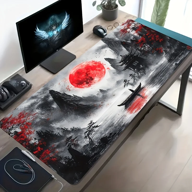 1pc Large Size E-Sports Gaming Mouse Pad, Red Landscape Ancient Style Ink Painting Pattern, Non-Slip, Washable Rubber Bottom Large Size Desk Mat Office Desk