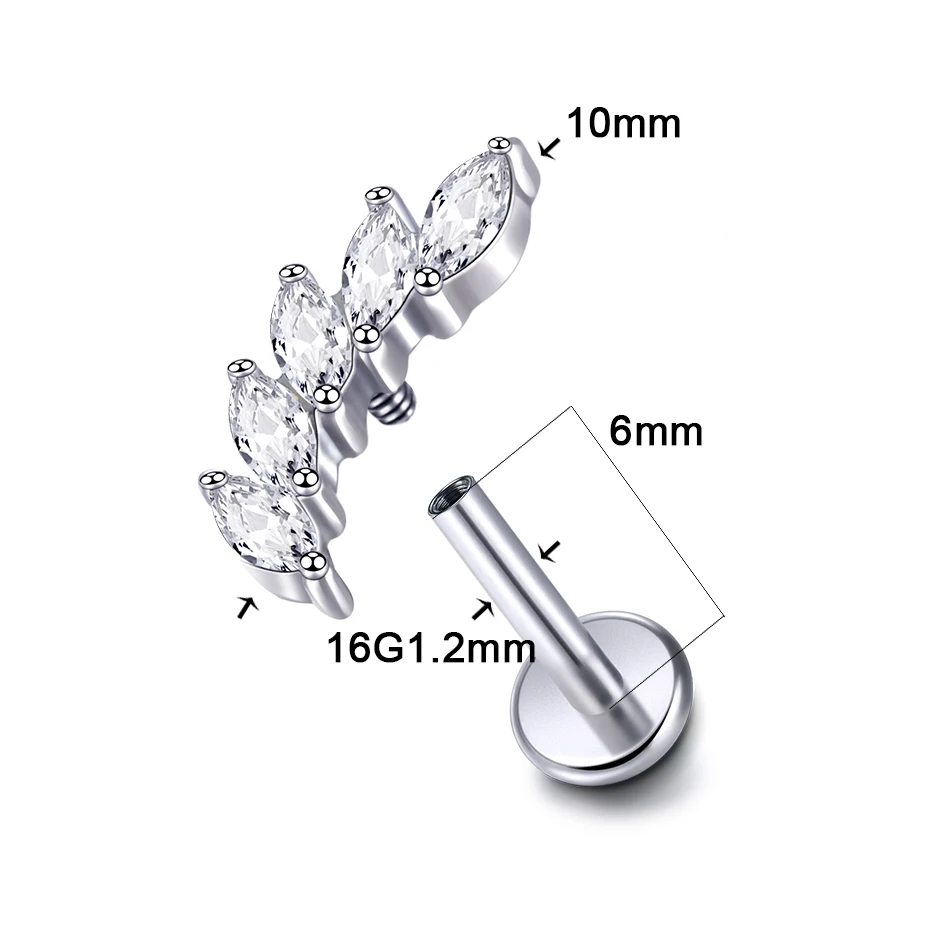 1PC Titanium Labret Piercing Diagonal Horse Eyes Cubic Zircon Lip Stud Ring Cartilage Conch Helix Piercing Stud Earring Jewelry