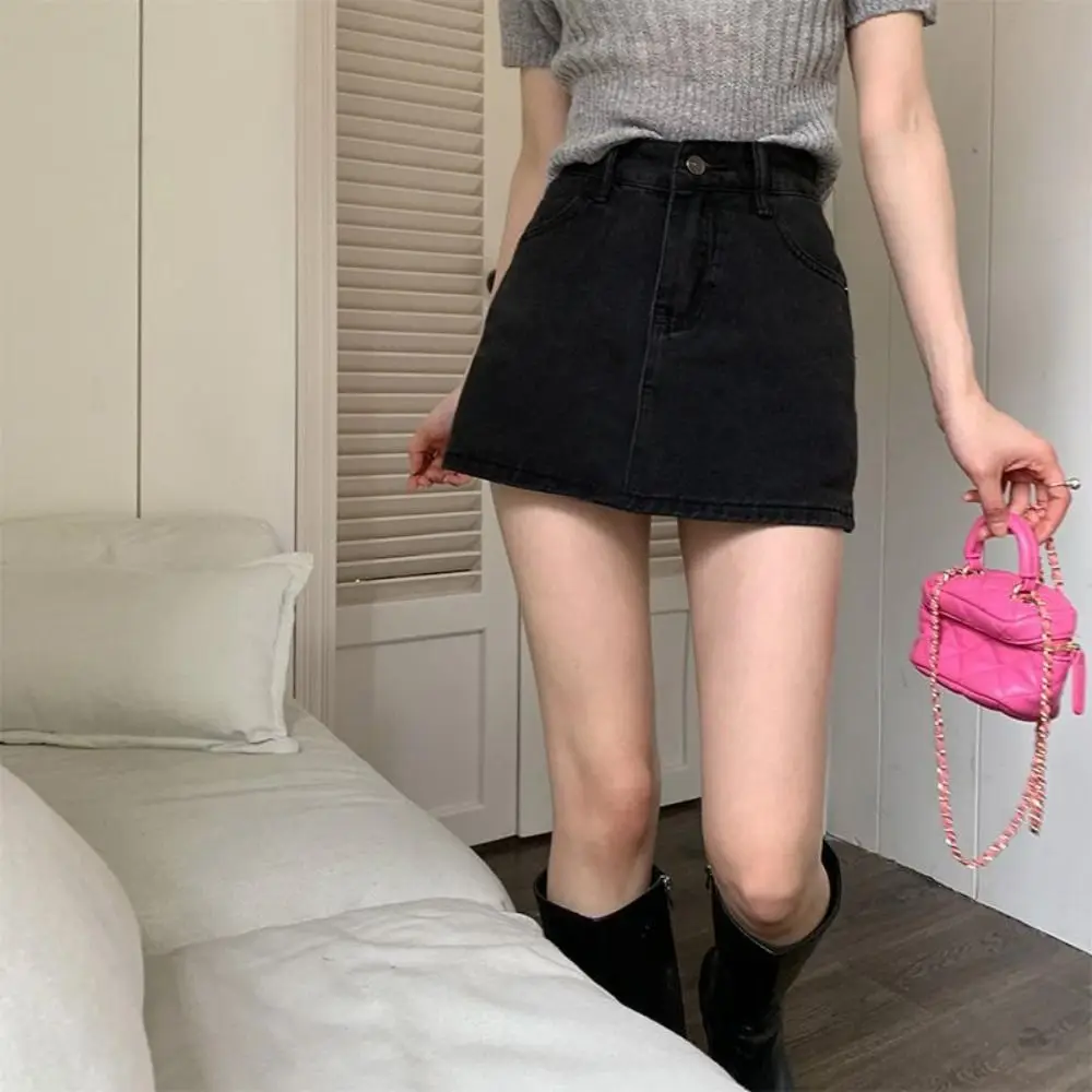 Classic High Waist Jean Skirt Stretchy Retro Denim Skirts Slim Fit A-Line Cargo Skirt Women