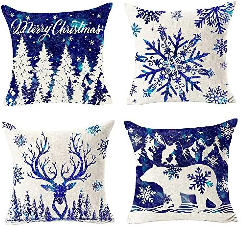 Snow blue snowflake bear linen trim throw pillowcase cushion cover family sofa bed square  cushion cover 45x45