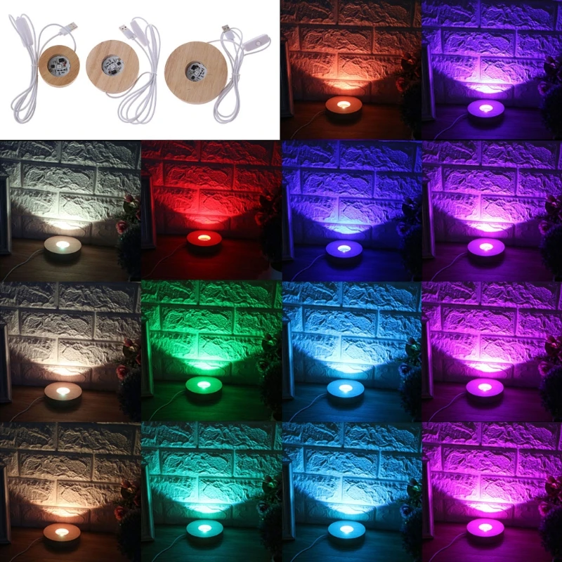 DIY Round LED Base Vase Light with Remote Control Resin Display Wood Lighted Base Stand 12 Colors RGB Adjustable Light