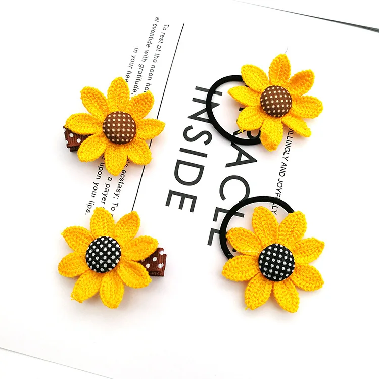 2Pcs Cute Weave Sun Flower Girl Hair Clips Handmade Floral Kids Ponytail Side Hairpins Lovely Barrettes Hair Accessories