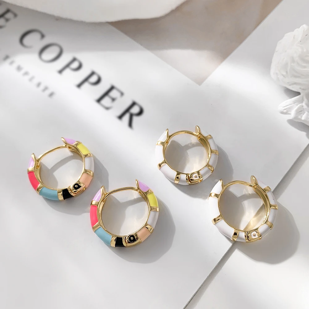 Cute Enamel Colorful Block Huggies Earrings for Women Rainbow Color Gold Plated Round Circle Ear Buckles Tiny Piercing Earrings