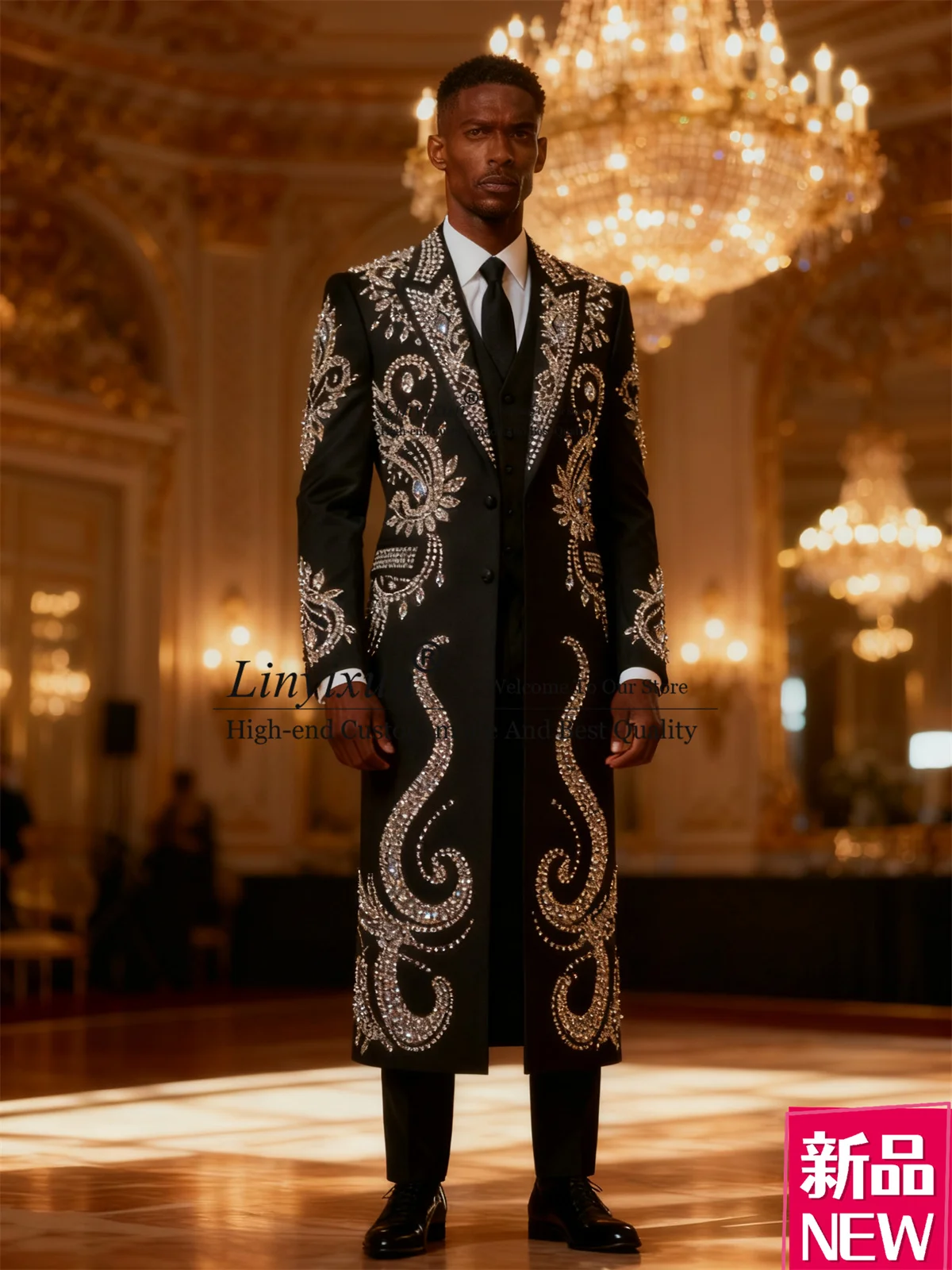 

Long Coat Pant Style Men Suits Customized Stone Rhinestone Tuxedos 3 Pieces Sets Groom Wedding Party Ropa Blazer Costume Homme