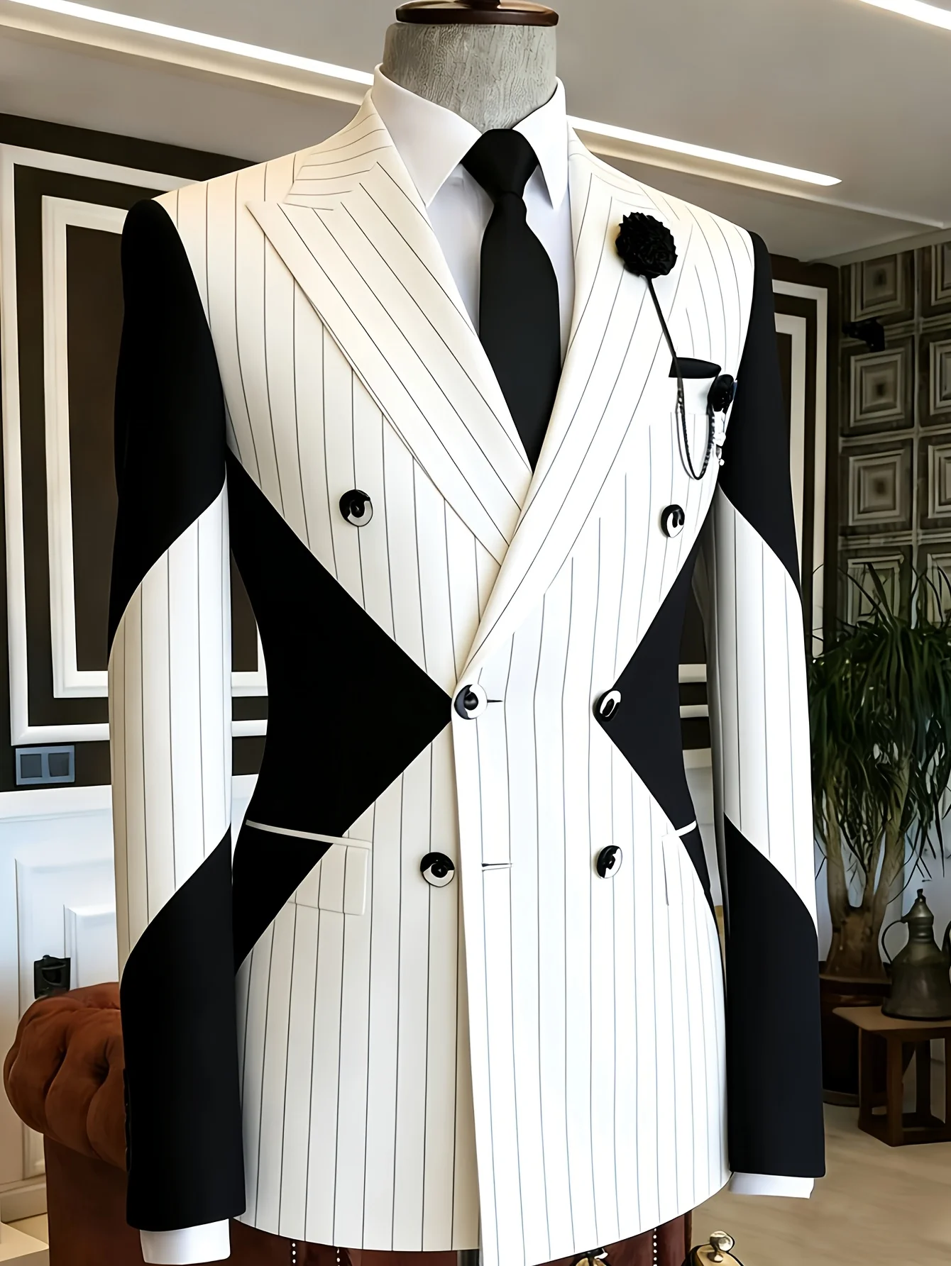 Men's White Pinstripe Business Blazer Double Breasted Peak Lapel Slim Fit Tuxedo Jacket Wedding Party Stage Formal Outerwear
