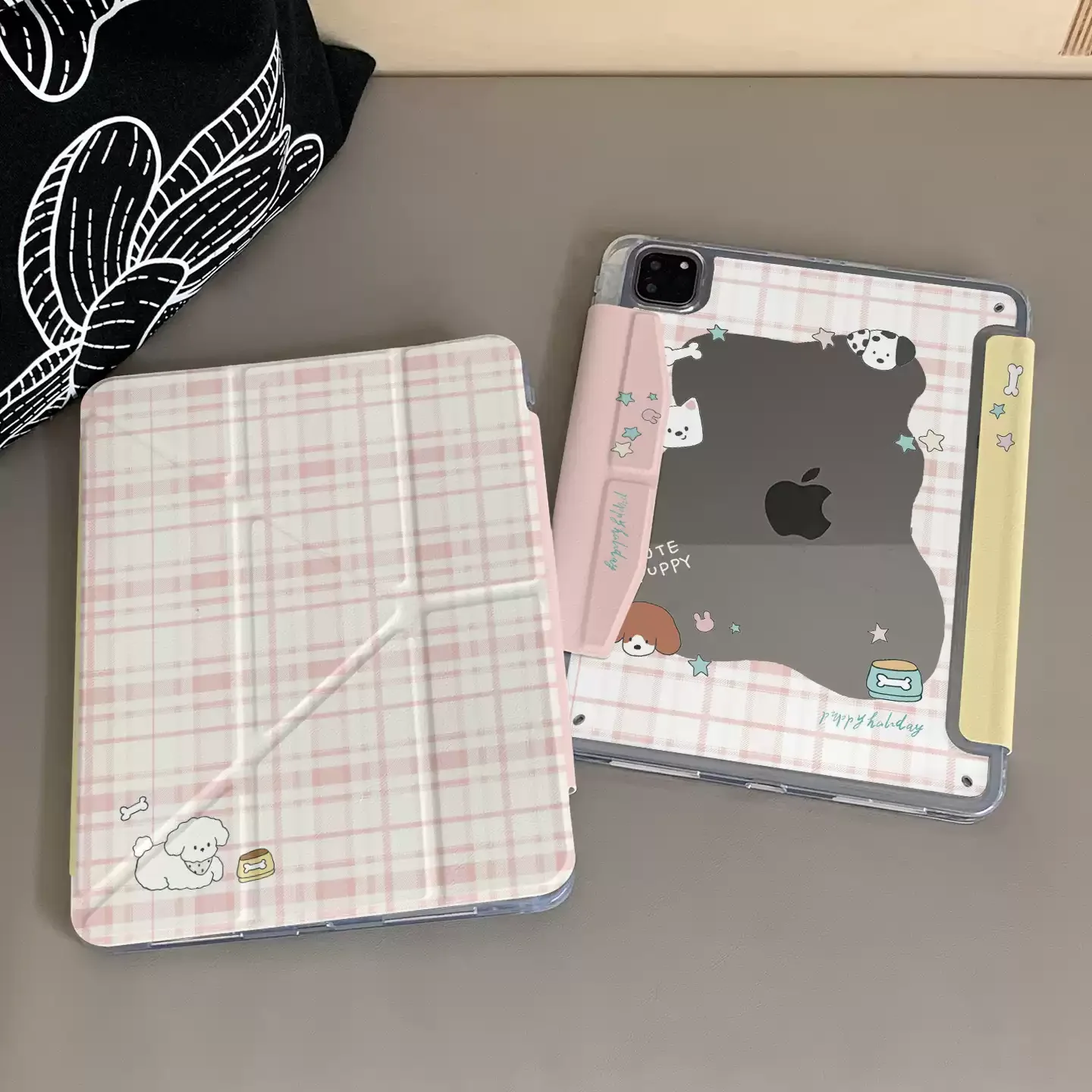 Ins Pink Plaid Cute Puppy Table Case For iPad Pro 11 12.9 13 M2 M3 M4 M5 Shell 8.3 9.7 10.2 5/6/7/8/9/10/11th Air 4 5 6 7 Cover