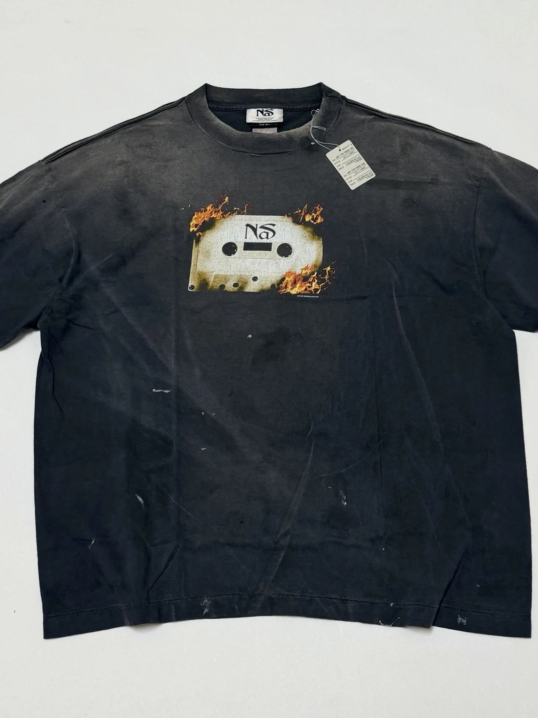 American Street Saint Nas Collaborative Flame Tape Radio Washed Short Sleeve T-Shirt Retro Style round Neck Men's Top