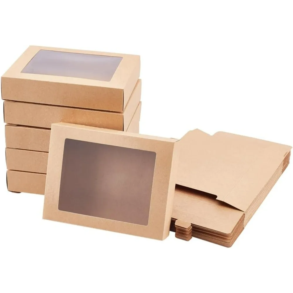 

50 Pcs Camel Cardboard Gift Boxes 5.7x4.1x1 inch Rectangle Fold Kraft Paper Boxes with 3.9x3 inch Window for Party Favor