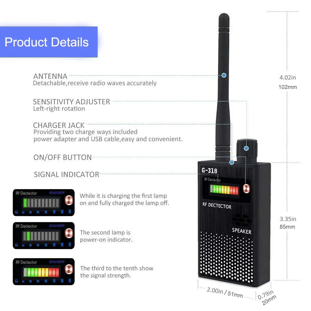 Anti Candid-Detector RF Wireless Signal Detector Anti Wiretap Spy-Camera Finder Eavesdropping Audio Gsm Gps Tracker Bug Scanner