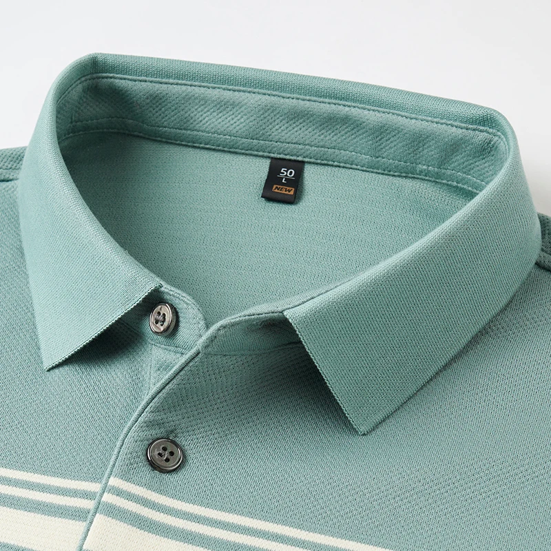 uxury Spring Autumn Men's Polo Shirt Long Sleeve Lapel Stripe Panel Chest Three Button Business Casual Classic T-shirt Menswear