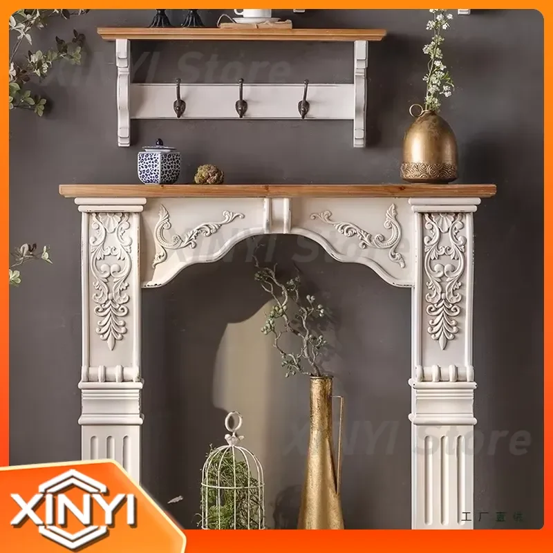 European Vintage Embossed Mantel Cabinet for Fake Fireplace Decorative Display Living Room Mini Arch Distressed French Style