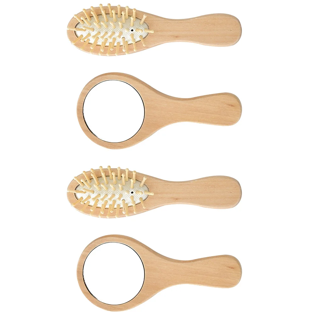 

2 set Set Portable Handheld Mirror With Wood Hair Brush Vintage Mirror For Travel Gift Hair Brush Kit