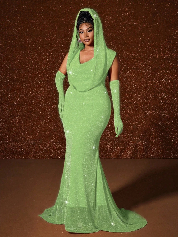 فستان ماكسي جديد مزين بقلنسوة بدون أكمام بحاشية ذيل السمكة فستان أنيق لحفلات الزفاف مقاس كبير فساتين نسائية ضيقة مثيرة في الحفلات