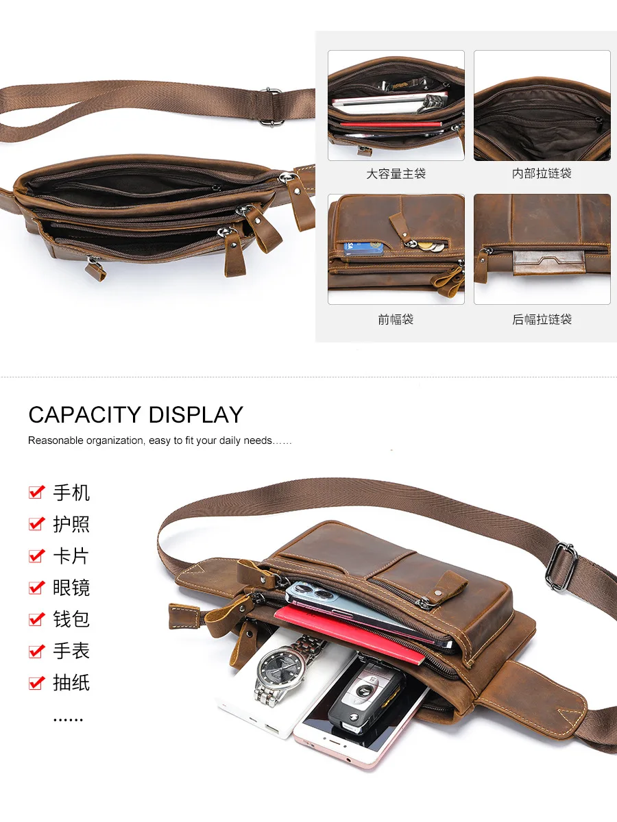 Crazy Horse Leather Waist Bag For Men Male Genuine Leather Waist Pack Fanny Pack Belt Pouch For Man Crossbody Bags For Phone