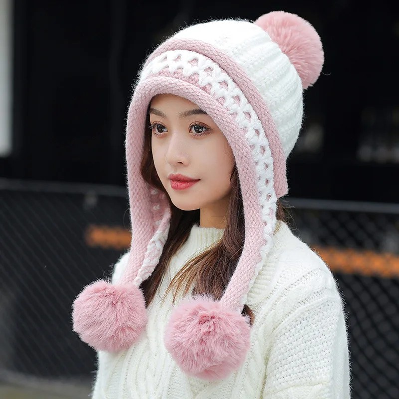 Women Winter Peruvian Cover Ears Beanie Hat Ear Flaps Sherpa Ski Snow Hats Knit Fleece Lined 3 Pom Pom