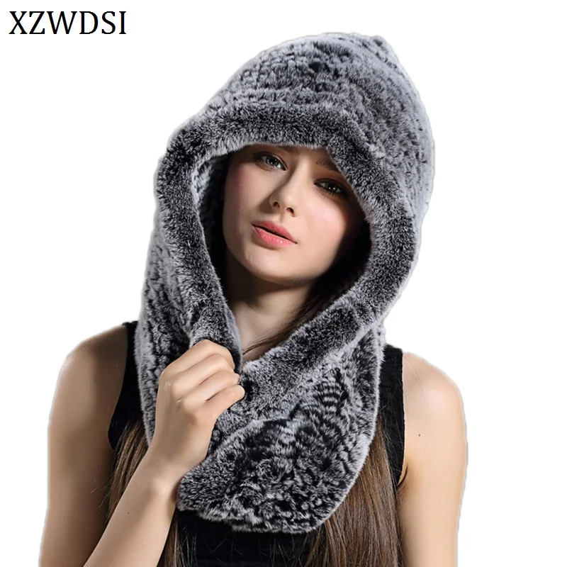 

Лидер продаж, женская настоящая вязаная шапка из меха кролика рекс, шарф с капюшоном, длинная зимняя теплая шапка с шейным воротником, шарфы
