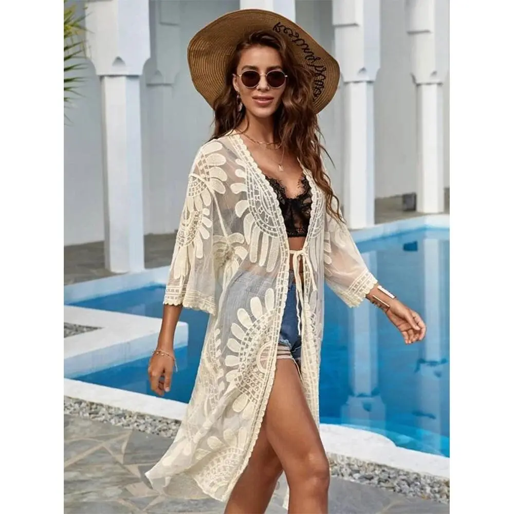 New Sun Protection Bikini Cover up Sunflower V-Neck Woman Bikini Cover-up Embroidered Lace Loose Cardigan Beach