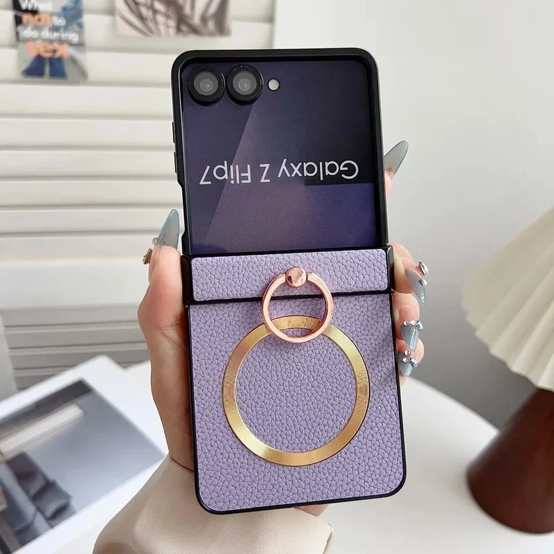 Magnetic Wireless Charging Protective Back Case for Samsung Galaxy Z Flip 8 7 6 5 4 Flip7 FE Luxury PU Leather Ring Phone Cover