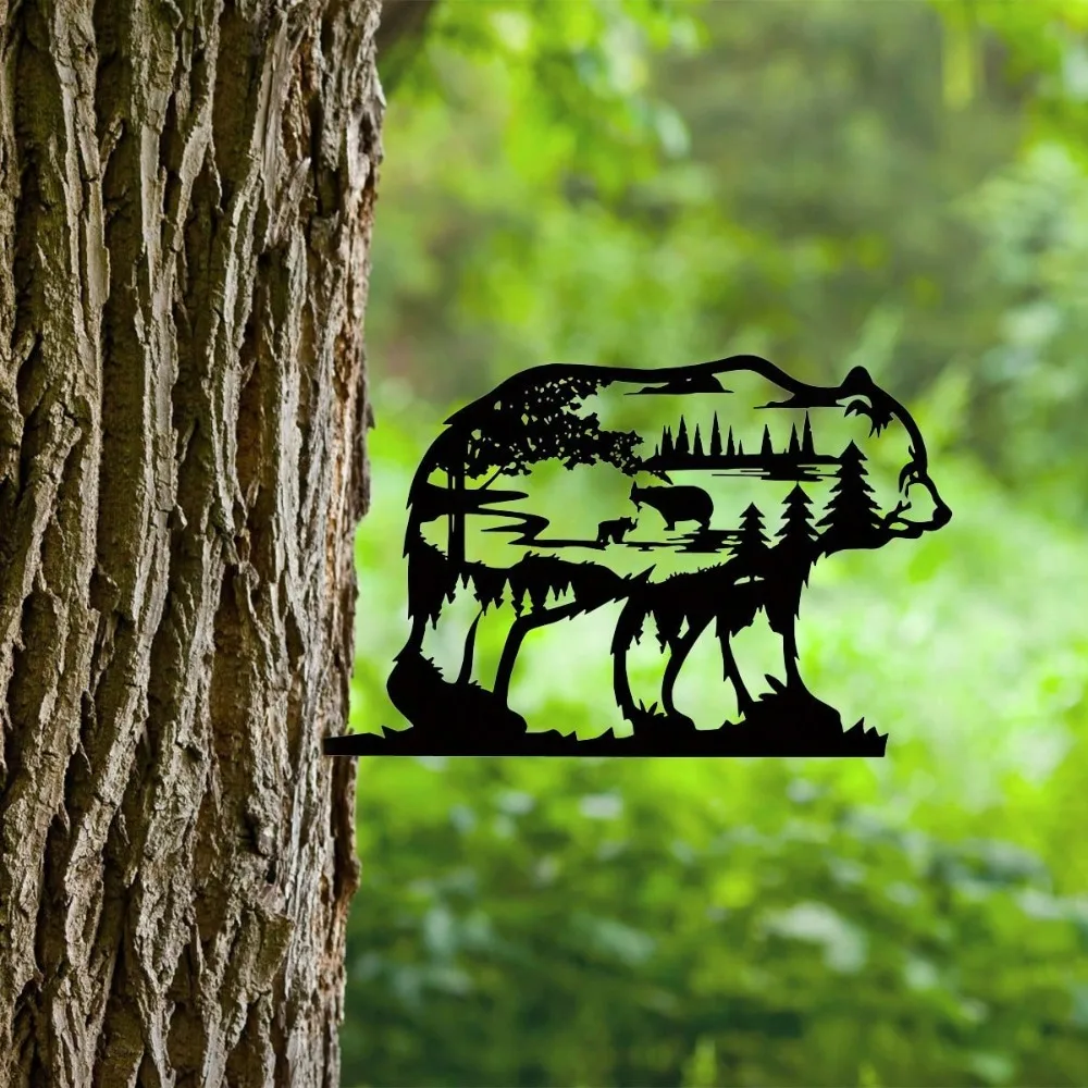 Arte de pared de metal de oso del bosque, escultura rústica de silueta de granja de cabina, adorno de decoración de árbol negro para el hogar