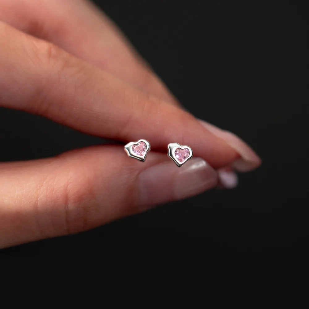 La Monada Delicate 999 Sterling Silver Heart Stud Earrings For Women Girls Pink CZ Hypoallergenic Adorable Daily Jewelry Roman