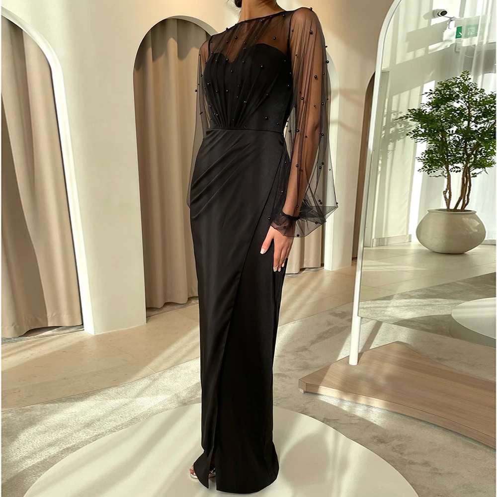 

Customized Straight Evening Dresses Floor-length O-neck Full Sleeve Prom Gown Simple Fashion Beading Pleat Casual Party Gown