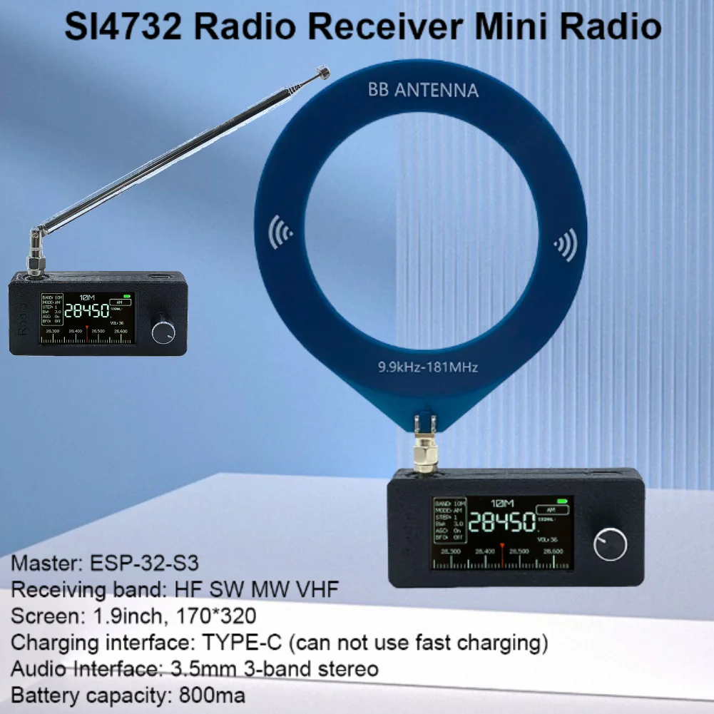 SI4732 0.5-108mhz Portable Radio LSB USB AM FM Pocket Mini Radio 1.9inch IPS Screen HF SW MW VHF Radio with Telescopic Antenna