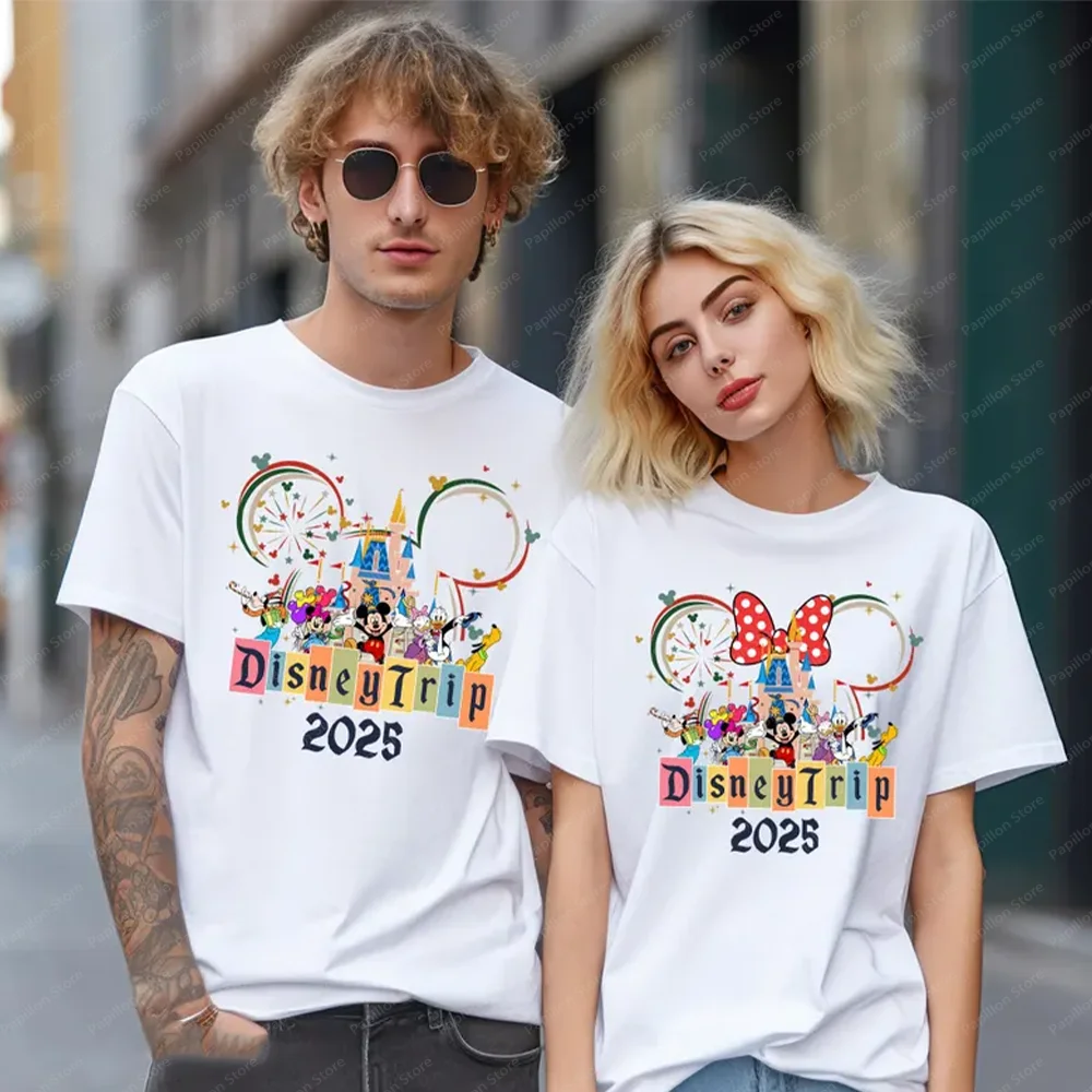 ديزني 2025 رحلة تي شيرت القطن الأسرة قمصان ميكي ماوس ديزني لاند زوجين تي شيرت ديزني وورلد قمصان ميني الملابس هدية جديد
