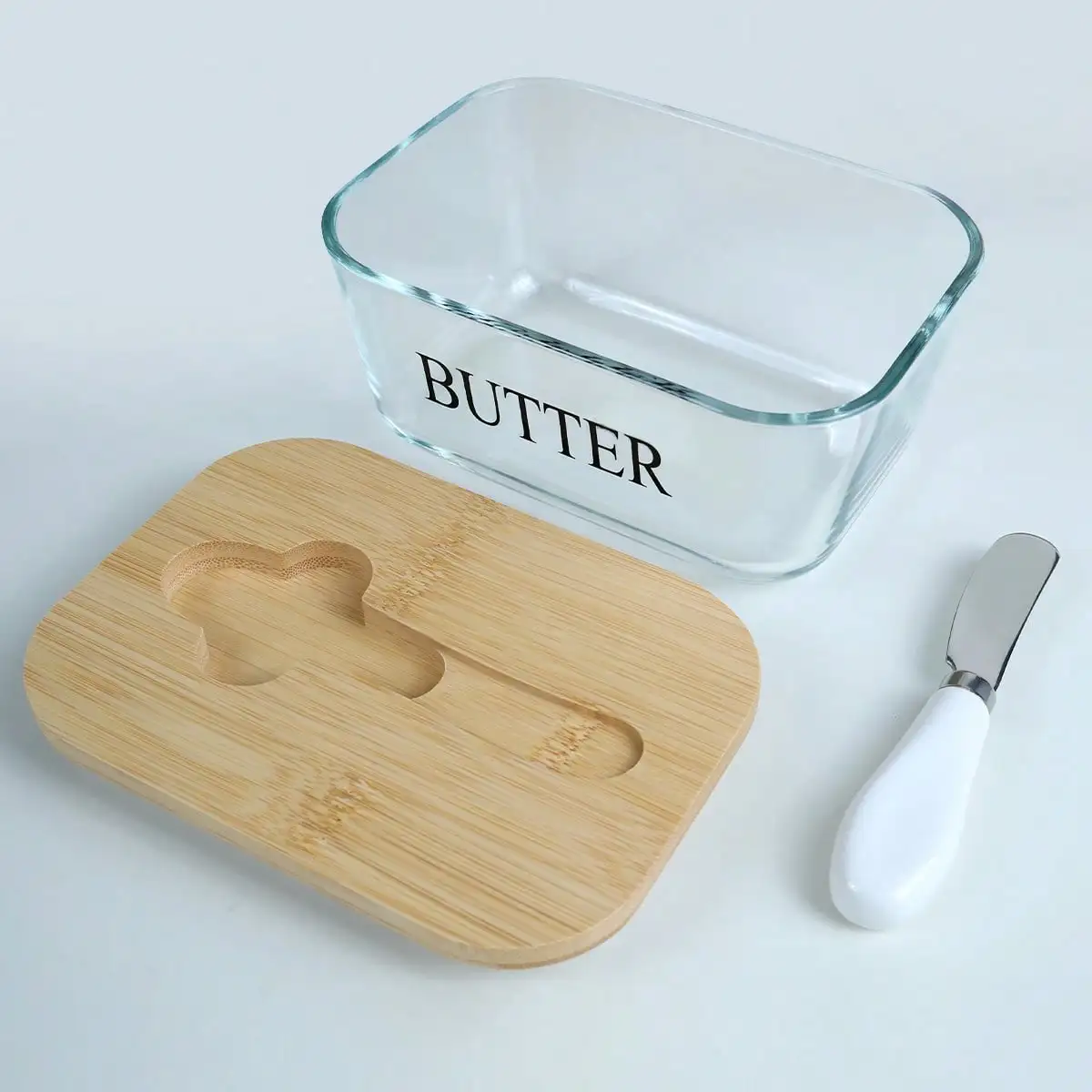 1 Set Glass Butter Dish With Bamboo Lid And Knife, Airtight Seal For Freshness, Large Butter Dish For East And West Coast Butter, Ideal For Countertop And Refrigerator Storage, Premium Glass Butter Keeper