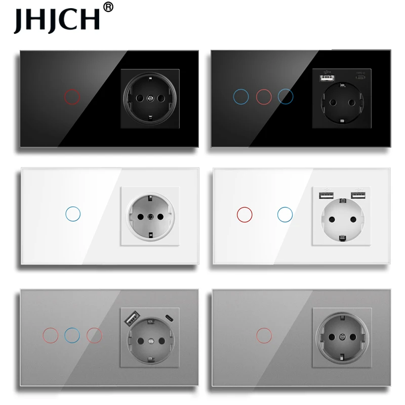 EU standard Touch Sensor Switch With Socket With usb Glass Panel 157*86mm 220V 16A Wall Socket With Light Switch 1/2/3Gang