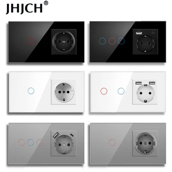 USB Glass Panel Socket with EU Standard Touch Sensor Switch 157*86mm 220V 16A Wall Socket with Light Switch 1/2/3Gang