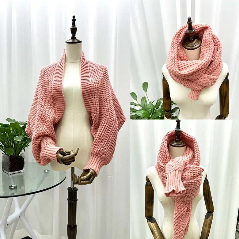 Spring Autumn New Women's Knitted Shawl Cloak Multifunctional Warm Scarf Versatile Scarf Ponchos Capes Cardigan Rosered