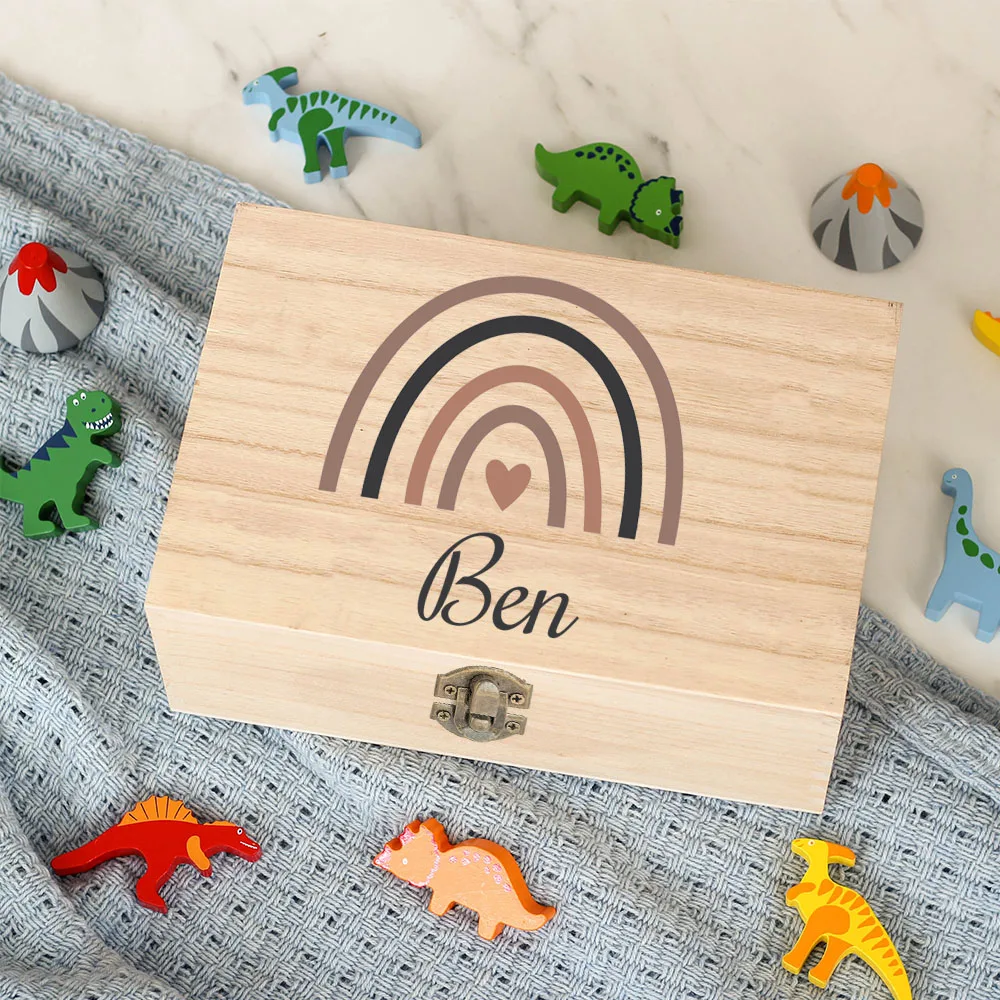 Custom Baby Wooden Keepsake Box Personalized Baby Rainbow Memory Box Newbron Shower Gift Birth Reminder Boxes for Kids