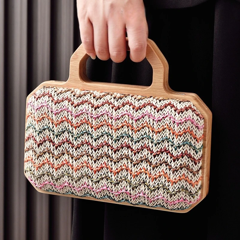 

Luxury Wooden Handle Woven Straw Tote Bag for Women Elegant Boho Beach Bag Designer Handbag Versatile Day Shoulder Bags Purse