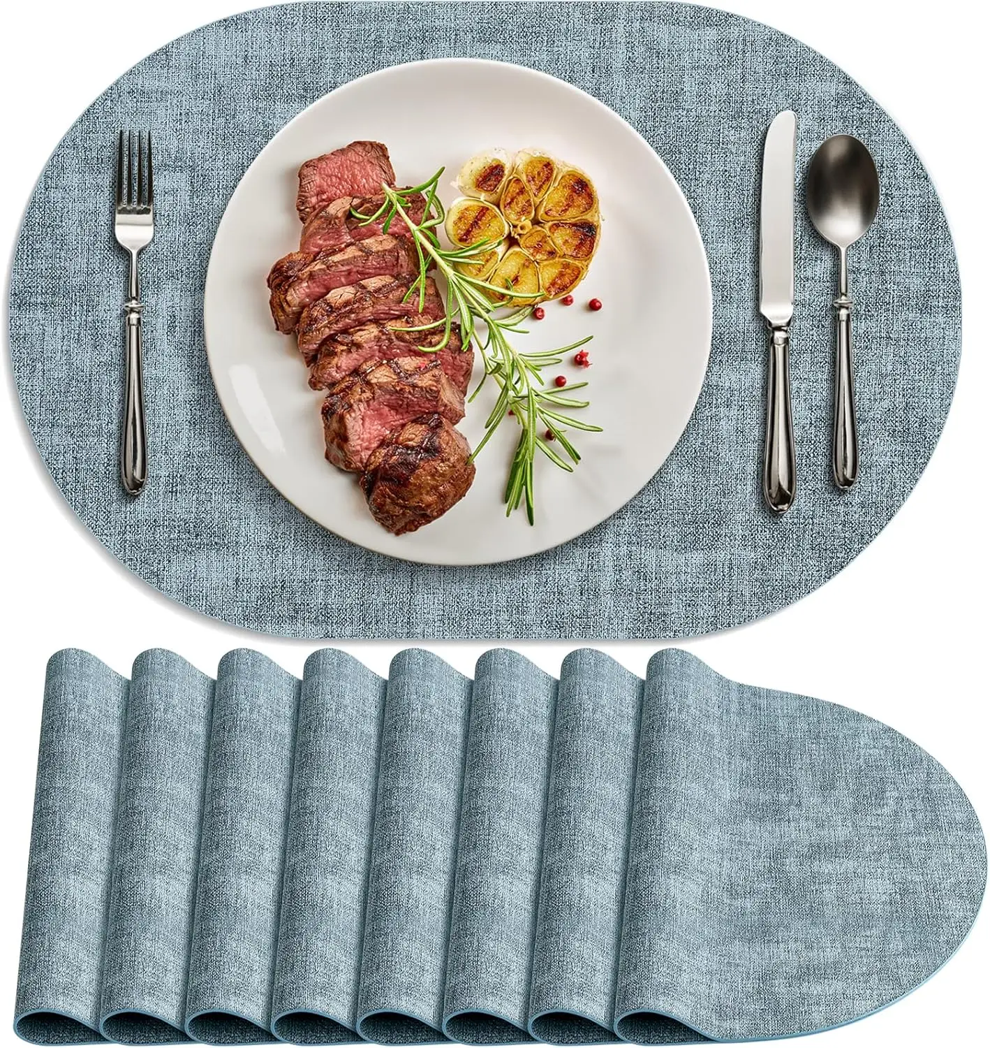 Juego de 8 Manteles Individuales Ovalados Antideslizantes, Resistentes al Calor e Impermeables para Mesa de Comedor, Decoración de Cocina y Oficina Fácil de Limpiar en Azul Claro