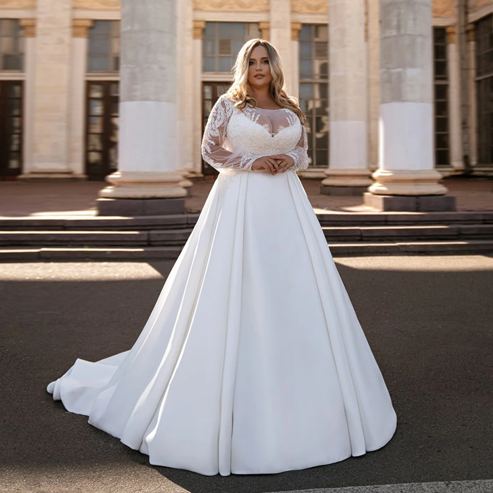 Jiayigong Charming Plus Size Wedding Dress for Bride Puff Sleeves Glitter Sequin Applique A Line Court Train Satin Bridal Gowns