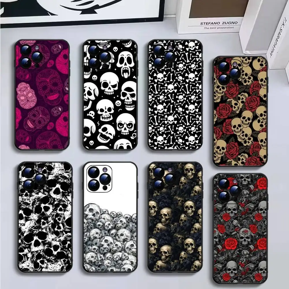 

Skull Pattern Phone Case For iPhone16,15,14,13,12,11 Plus,Pro Max,XS,X,XR,SE,Mini,8,7,Soft Black Cover