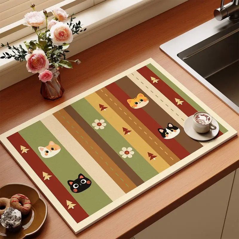 VIKAMA Color Blocking Patchwork Star Black Cat Kitchen Drain Mat, Anti-Slip Coffee Machine Tableware, Protection Mat