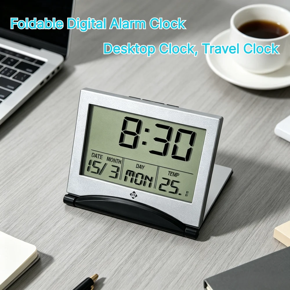 Mini Orologio Sveglia Digitale Pieghevole con Display LCD, Orologio da Viaggio con Data, Temperatura e Timer per Casa e Ufficio