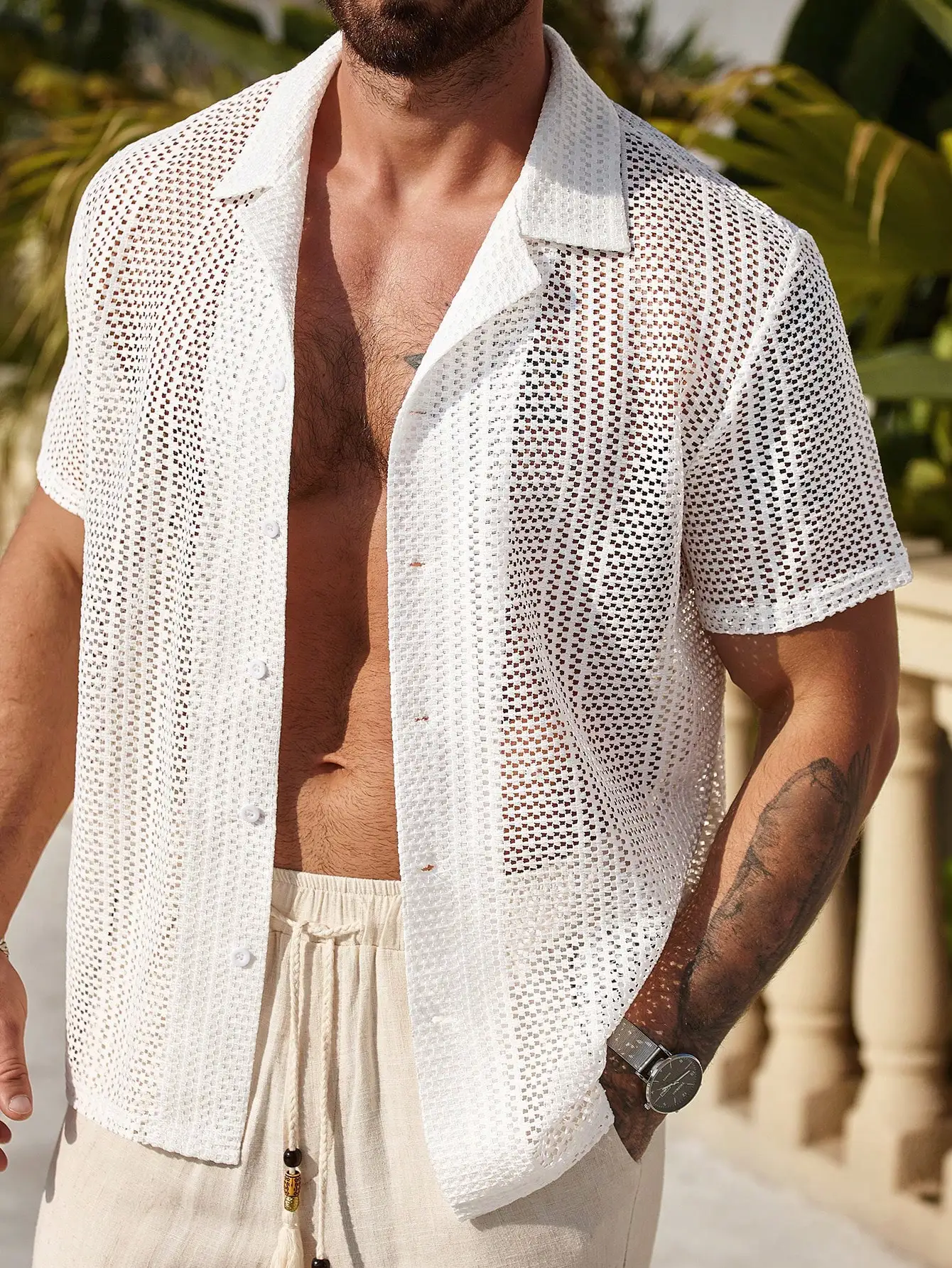 

Men's White Mesh Open-Front Casual Shirt for Summer Beach Wear