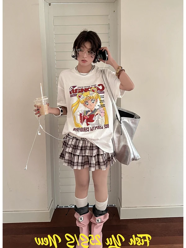 

Japanese Sailor Moon Print T-shirt Casual Loose American Retro Short Sleeve 2025 Summer New Top