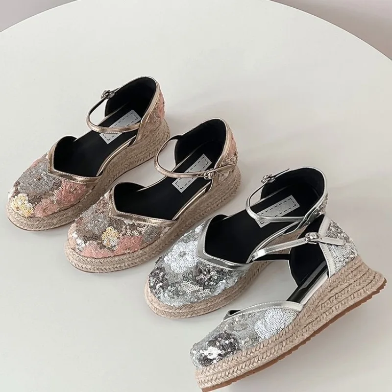 

2025 Hot seller thick soled waterproof platform sandals with toe caps cotton and linen woven sole small height Mary Jane shoes