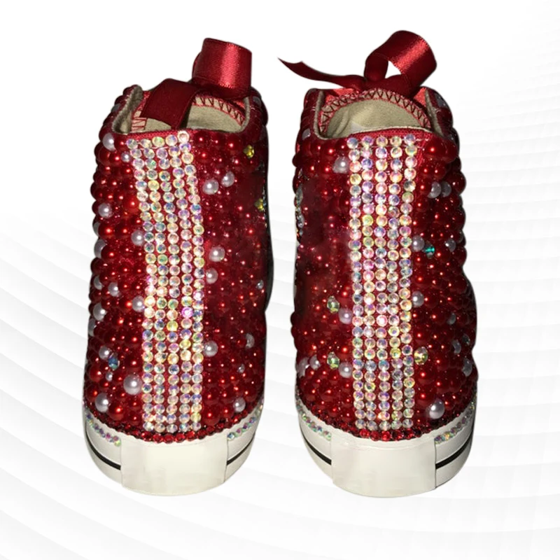 Red diamond pearl ribbon party wedding high top women\'s shoes handmade custom large size lace-up canvas shoes 35-44