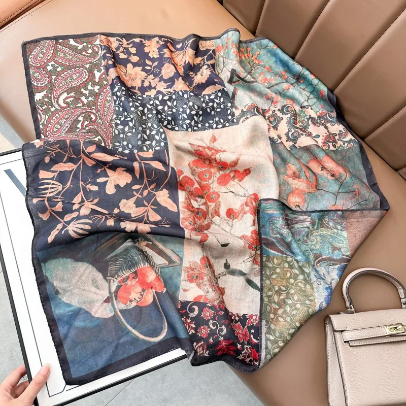 Velvet 70 Square Scarf Double Sided Different Color Cotton Linen Feel Fashion Shawl Neck Kerchief For Spring Autumn